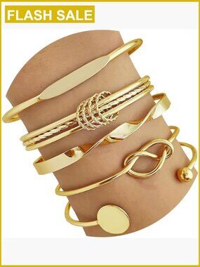14k Gold Plated Adjustable Bangle Bracelet Set, Multi-Layer Stackable Boho